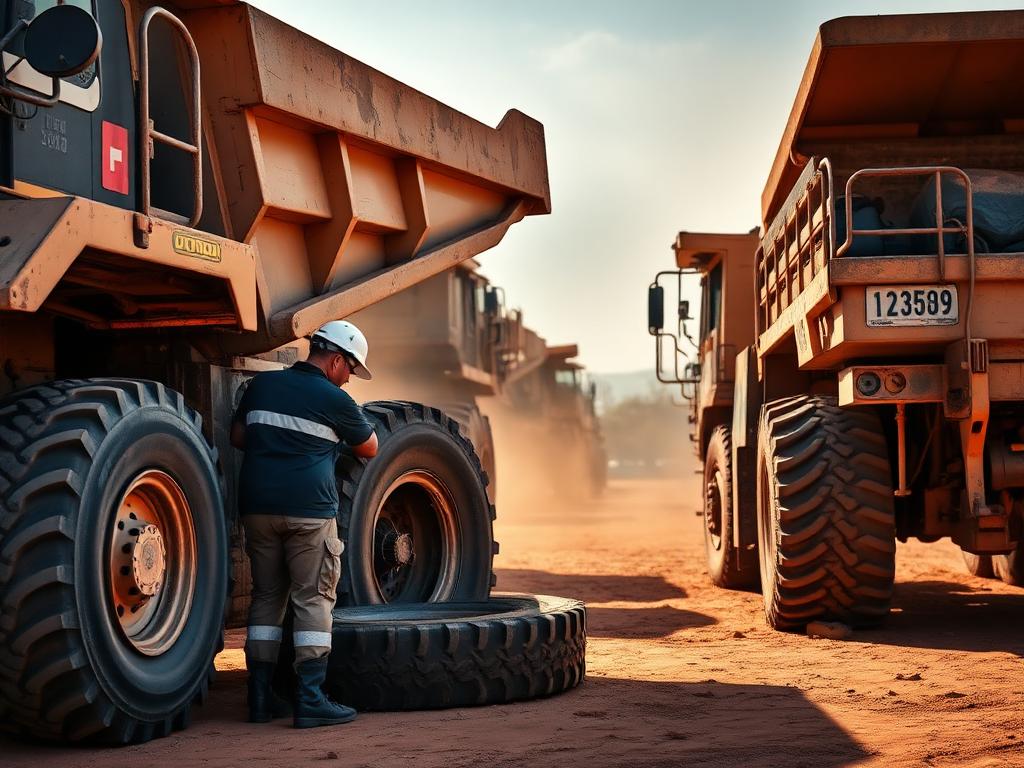 Technician inspecting large off-road tyres on construction vehicles