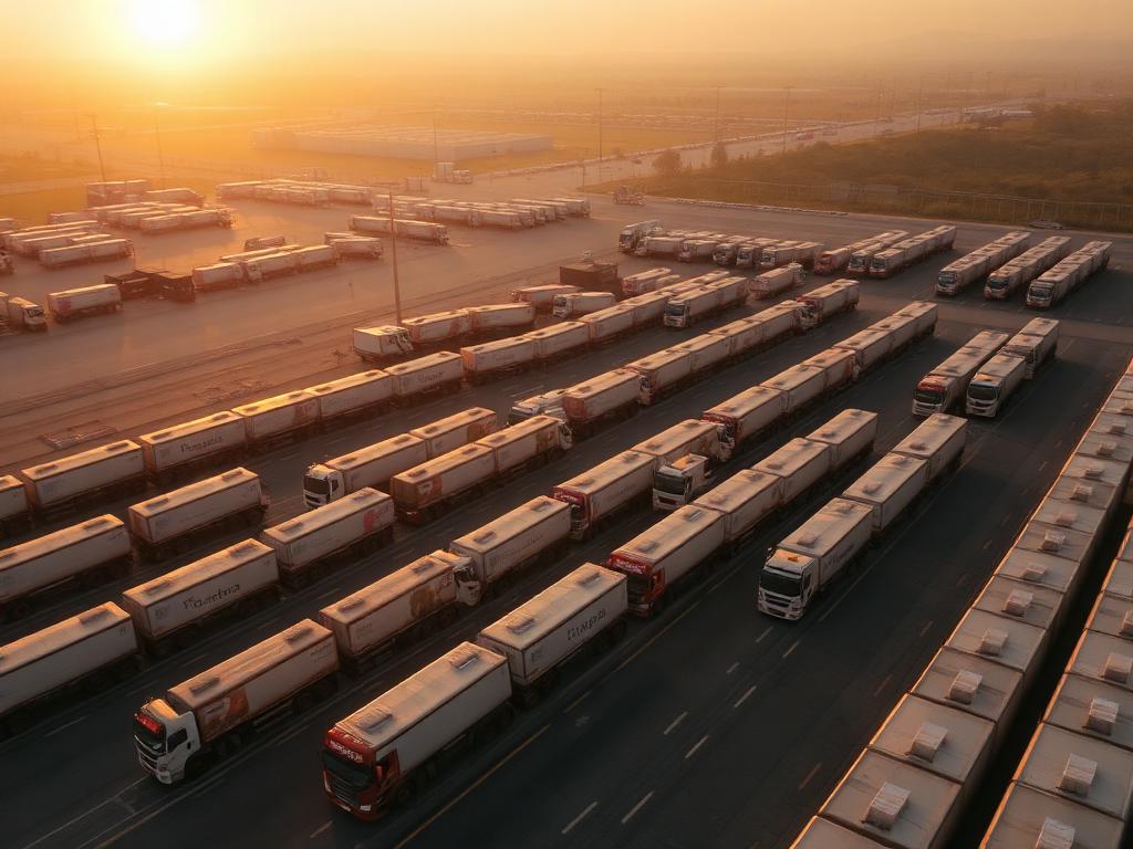 Aerial view of a South African logistics depot with rows of freight trucks