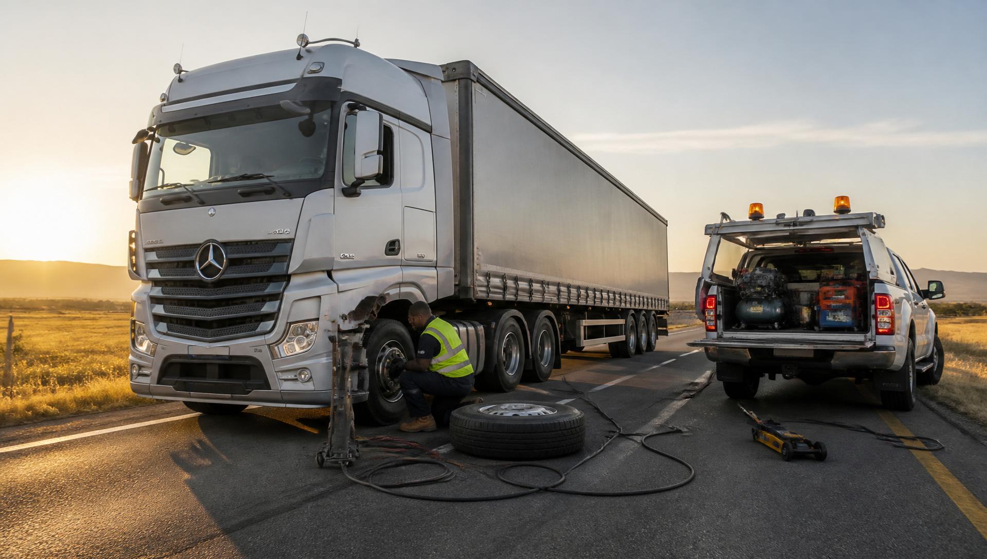 Technician in reflective PPE replacing a truck tyre beside a Mercedes-Benz Actros on a South African highway