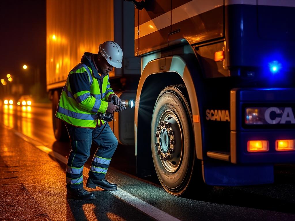 Technician working on a truck tyre at night on a wet road