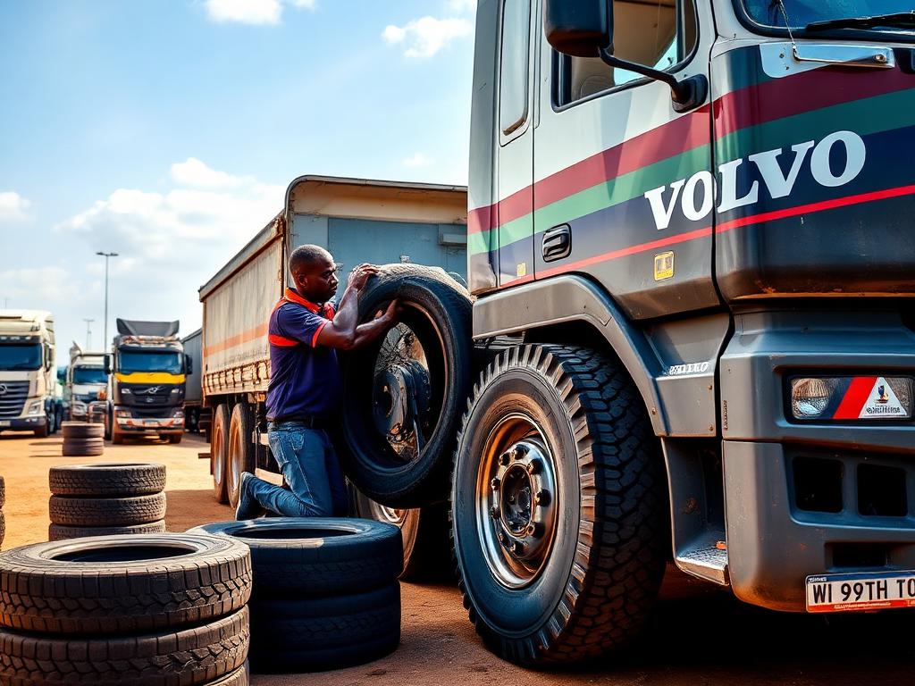 Technician fitting a new tyre to a truck at a transport yard