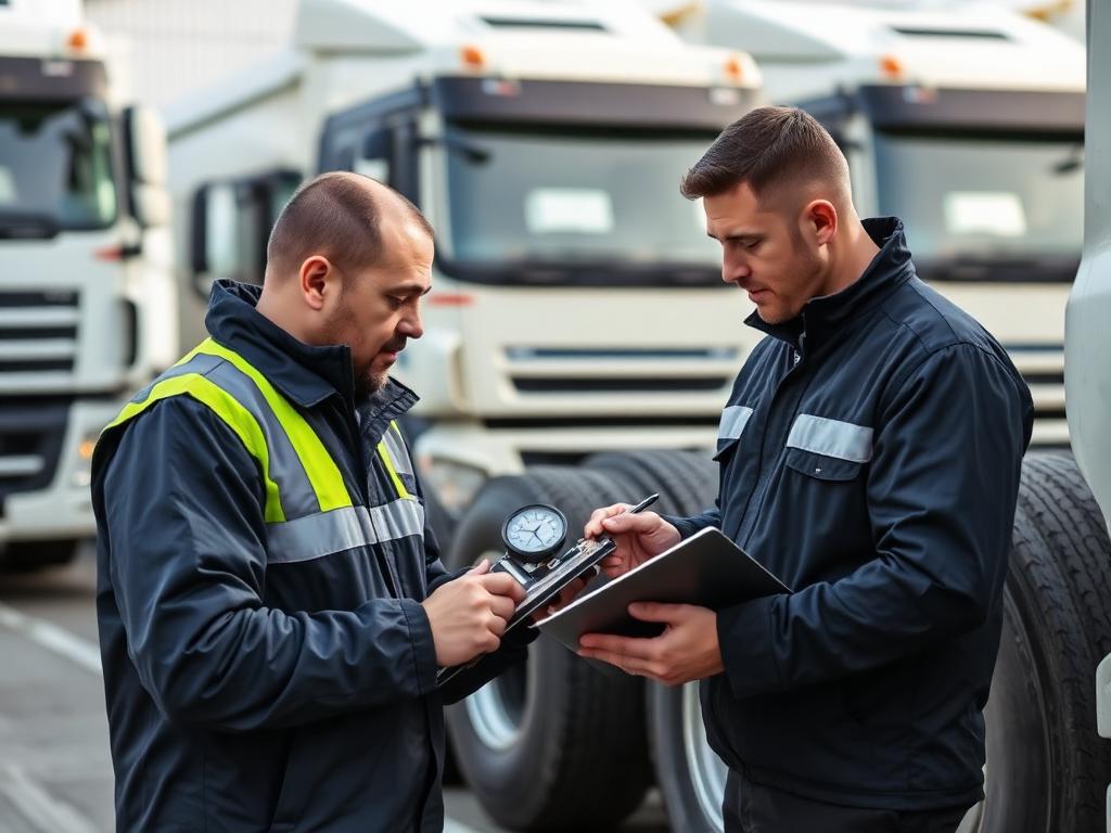 Fleet manager and technician checking tyre tread depth at a depot