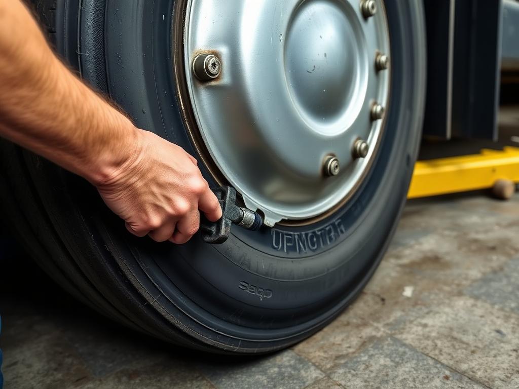 Close-up of a commercial truck tyre being repaired