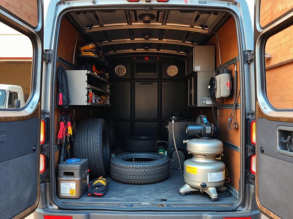 Interior of a mobile tyre workshop vehicle with tools and compressor